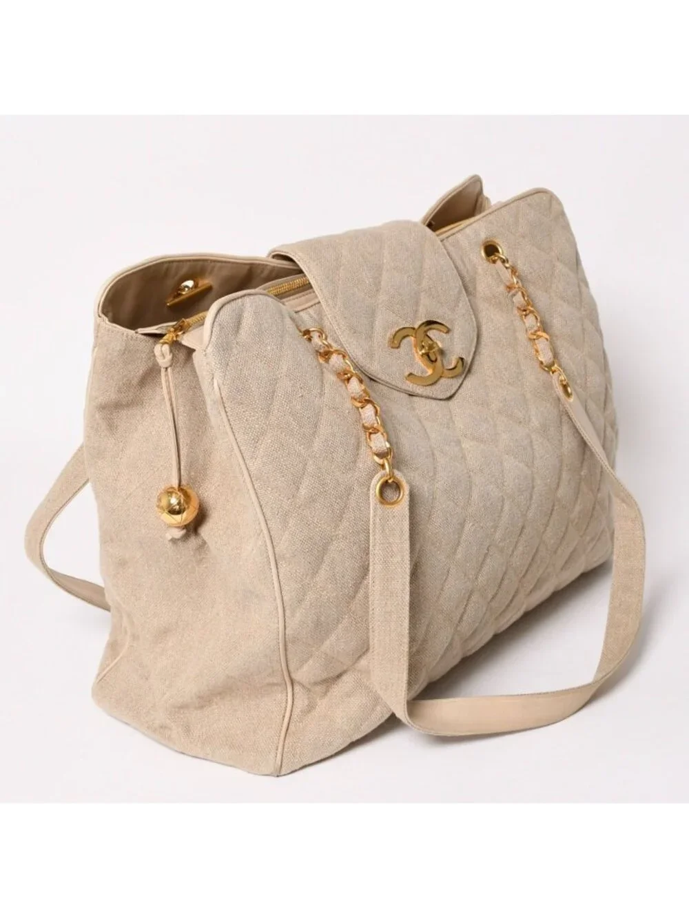 Chanel Supermodel XL Chain Tote Bag Linen CC Logo Coco Ball Beige